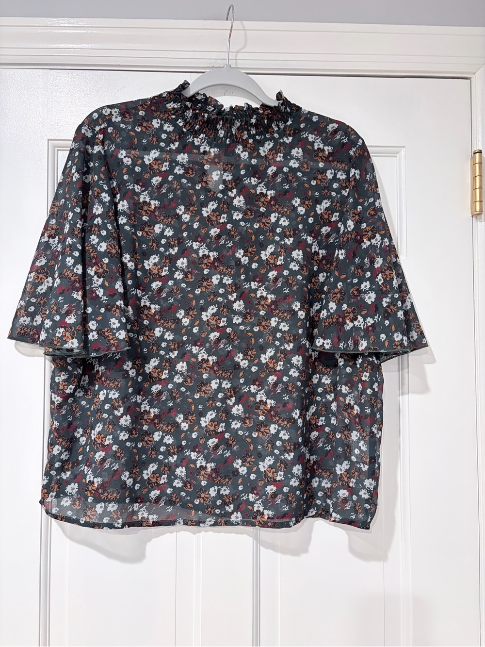 Women’s XL Floral Ruffle Neck Bell Sleeve Blouse Sheer Boho Top